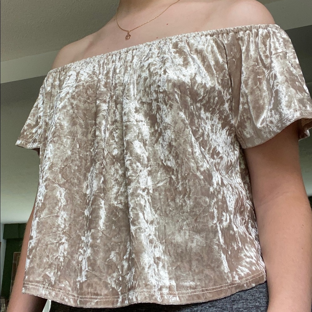 Off the shoulder crushed pink velvet top
